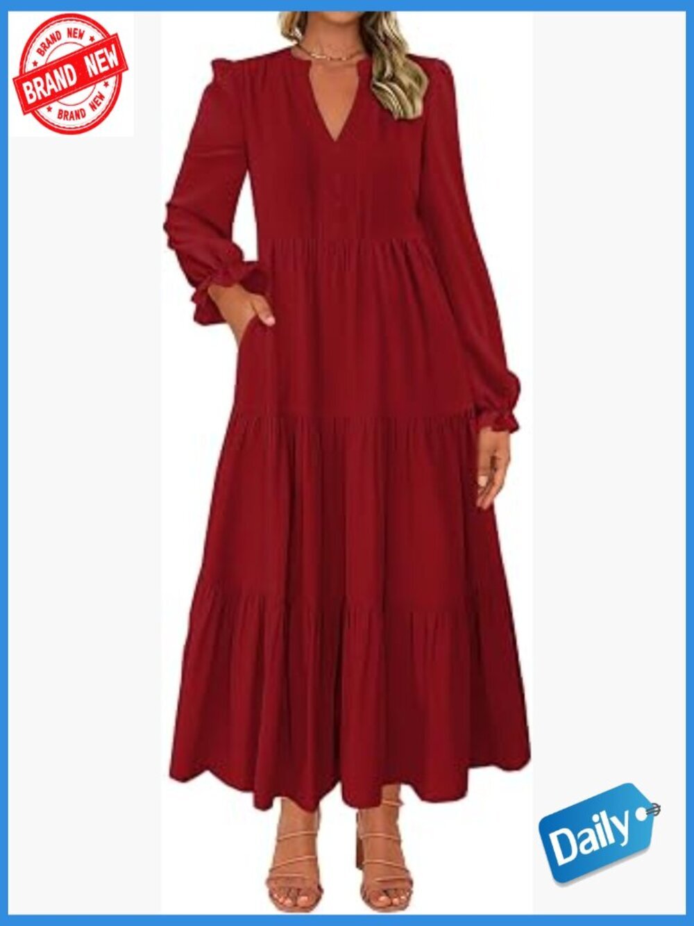 Long Sleeve V-Neck Button Down A-Line Flowy Maxi Dress with Pockets
